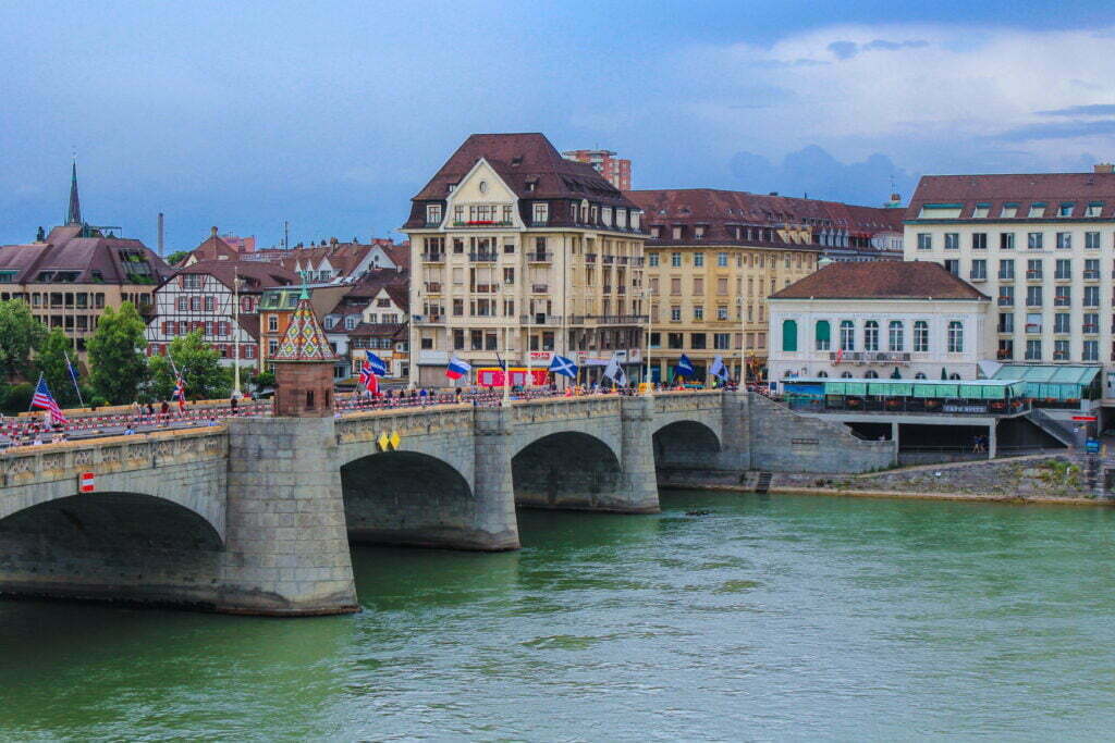 switzerland, basel, buildings, flags, swiss, city, river, town