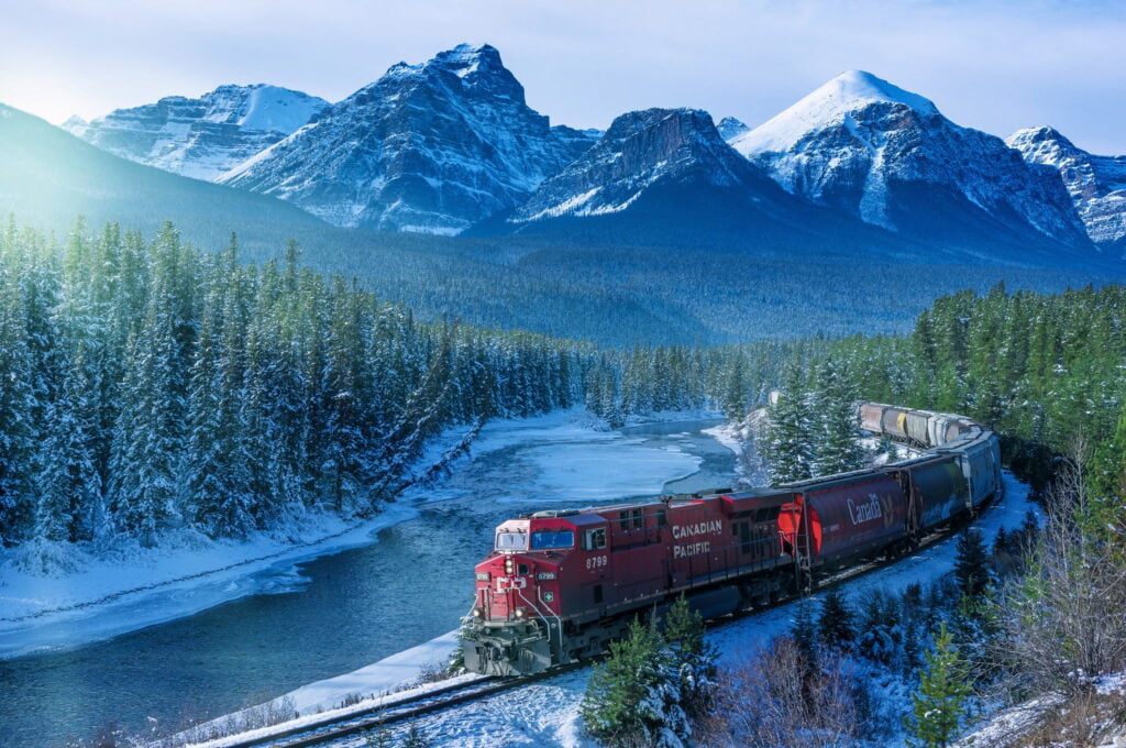 red train, red train on rail photography, Canada,