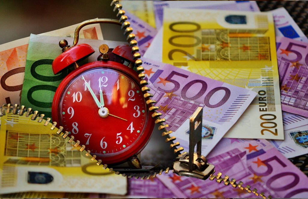 Euro banknote and time digital wallpaper, time is money, currency Time-saving tips